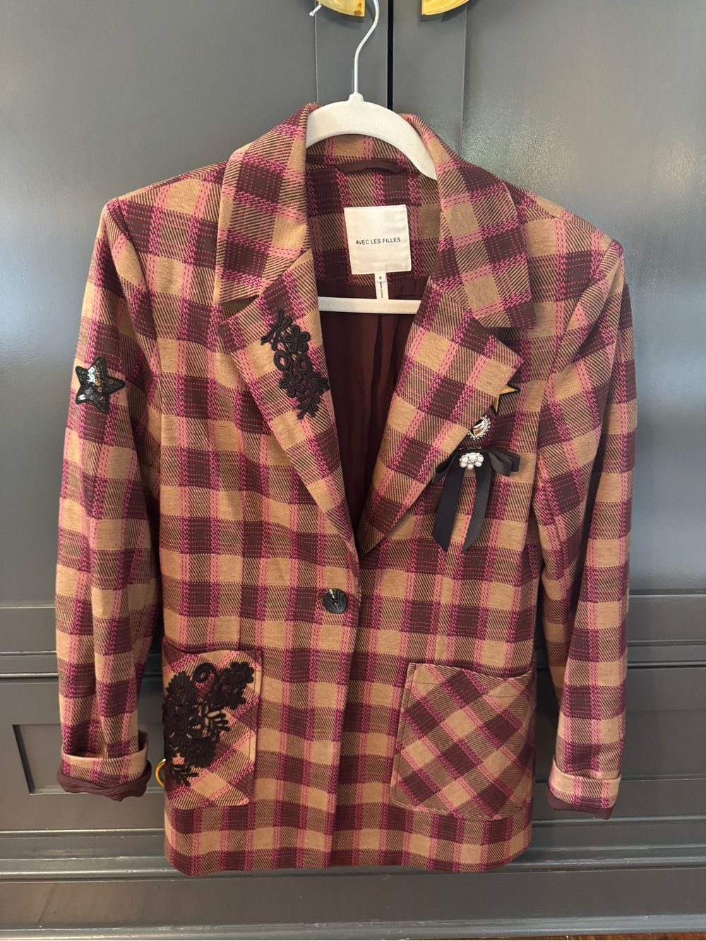Avec Les Filles Burgundy & Tan Plaid Embroidered Blazer